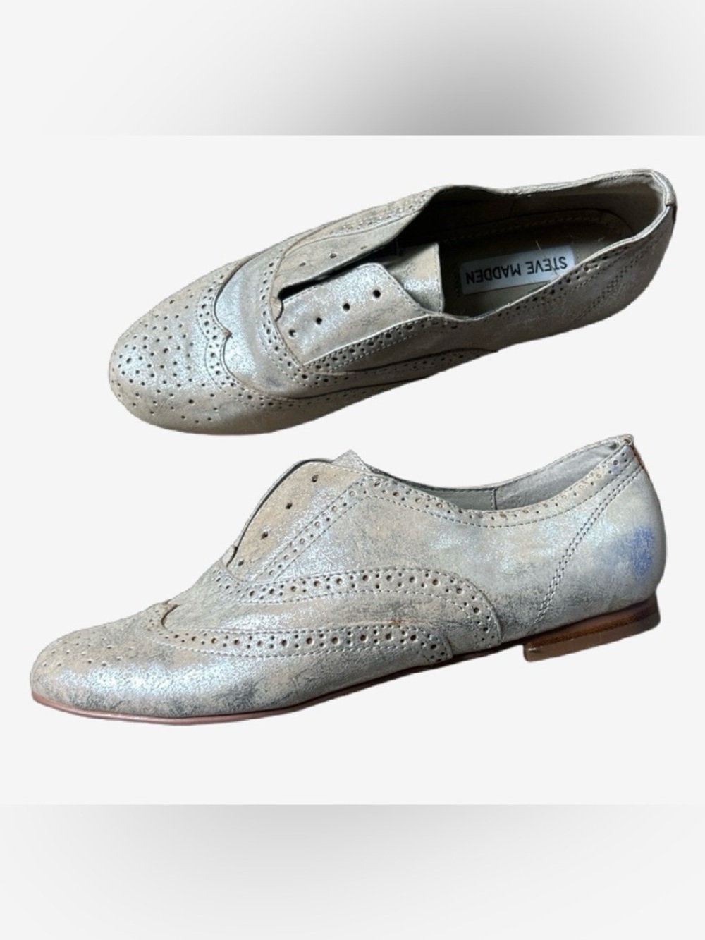 Steve Madden Women's Shimmery Silver Brogue Oxford Flats
